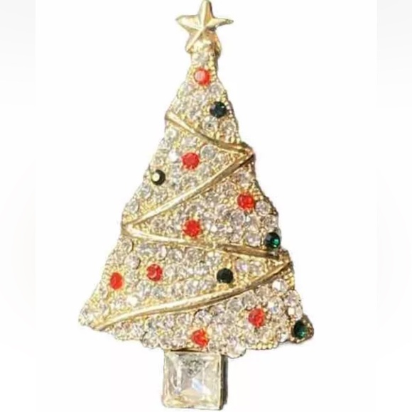 Vintage Christmas Tree Brooch Gold Tone Jewel Encrusted Rhinestones - Picture 1 of 6